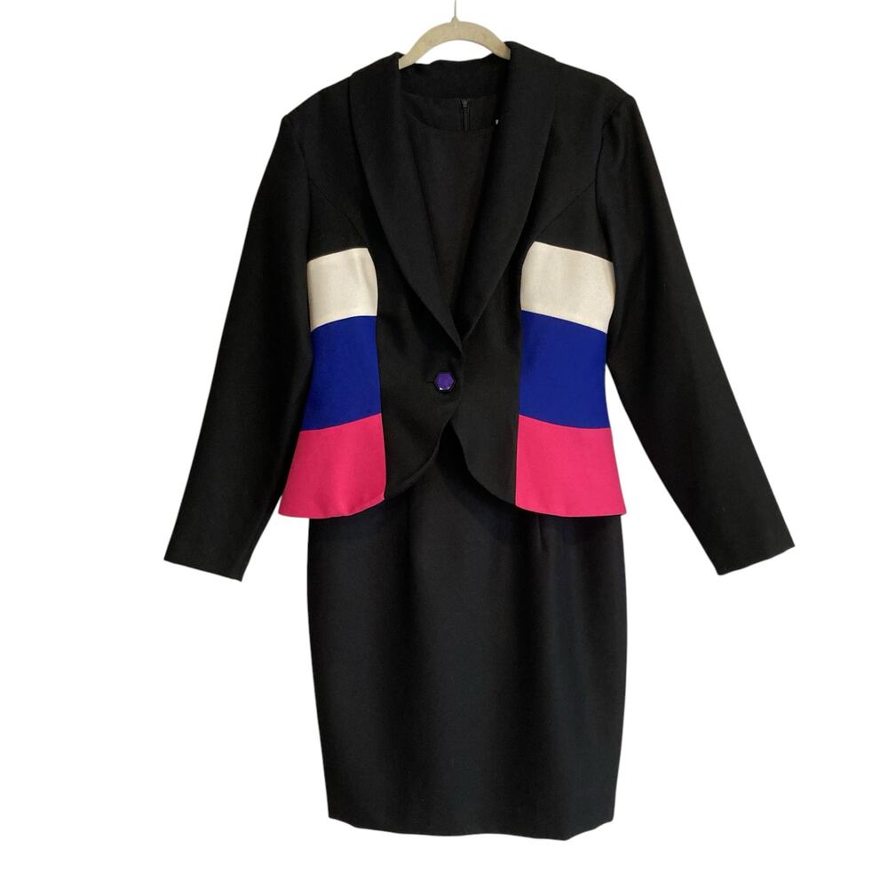Vintage 80s Leslie Lucks Black Blue Stripe Button Blazer Sheath Dress Set Sz 10 - Picture 1 of 16